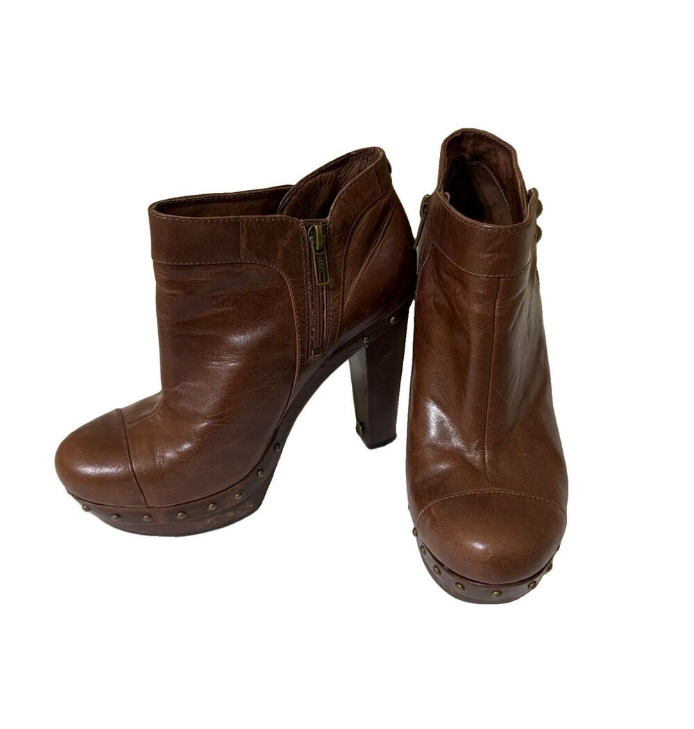Ugg Booties Ambrosia Brown Leather Heel Platform Ankle Boots Studs Womens 8.5